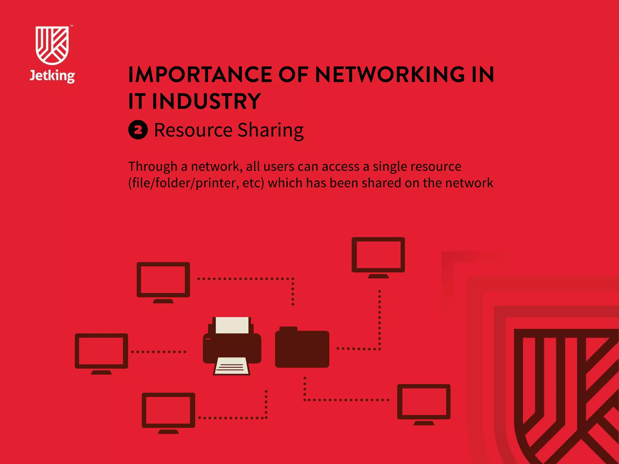 IMPORTANCE OF NETWORKING IN 
IT INDUSTRY 
Resource Sharing 
Through a network, all users can access a single resource 
(file/folder/printer, etc) which has been shared on the network 
 