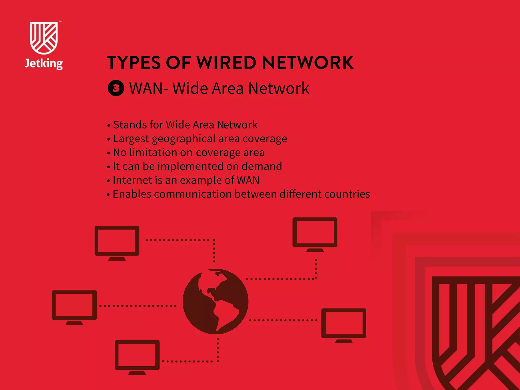 TYPES OF WIRED NETWORK 
WAN- Wide Area Network 
• Stands for Wide Area Network 
• Largest geographical area coverage 
• No limitation on coverage area 
• It can be implemented on demand 
• Internet is an example of WAN 
• Enables communication between different countries 
 