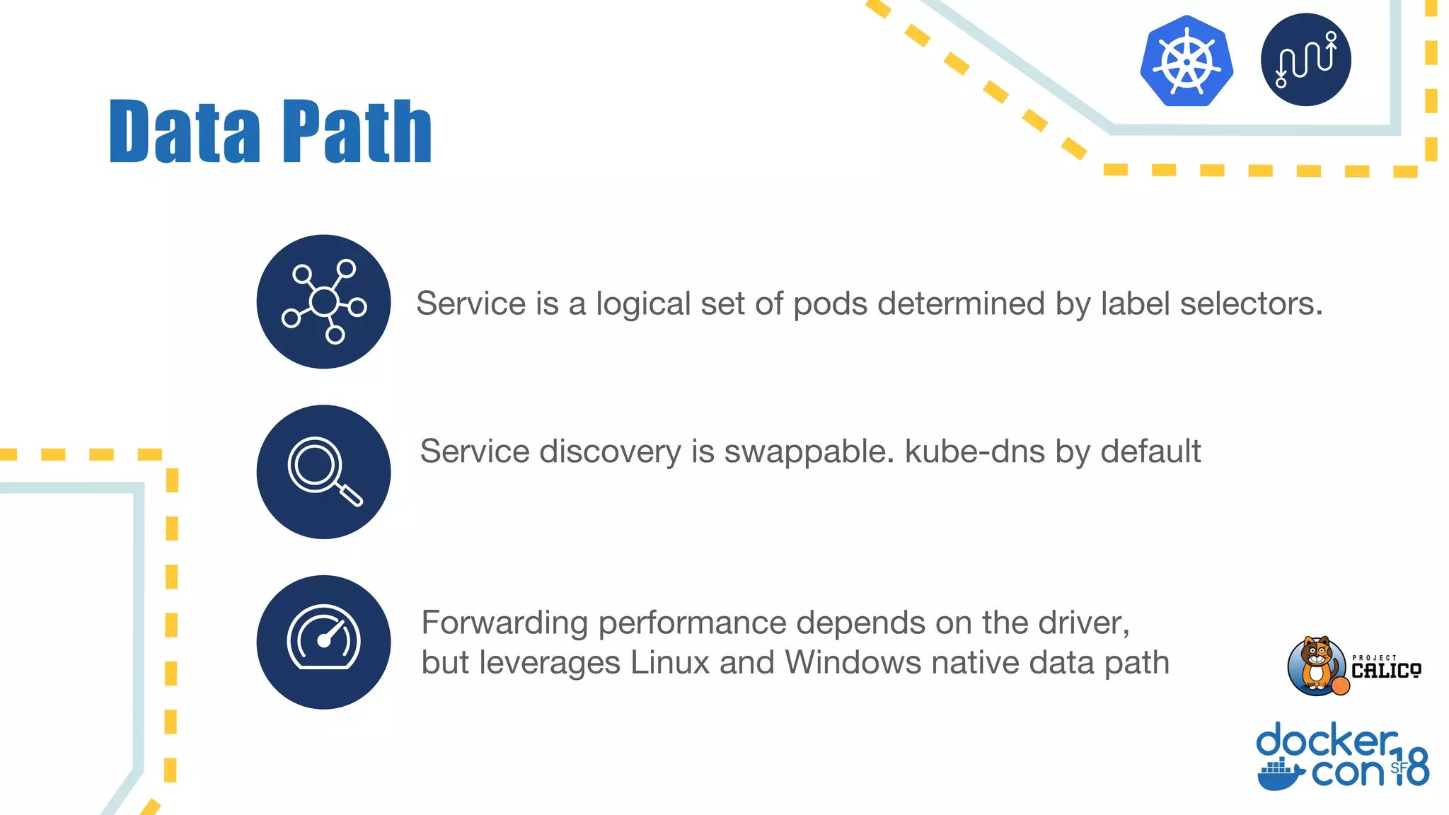 Data Path Service is a logical set of pods determined by label selectors. Forwarding performance depends on the driver, but leverages Linux and Windows native data path Service discovery is swappable. kube-dns by default 