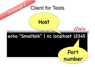 19


          Client for Tests

              Host
                               Unix!
echo "Smalltalk" | nc localhost 12345


                           Port
                          number
 