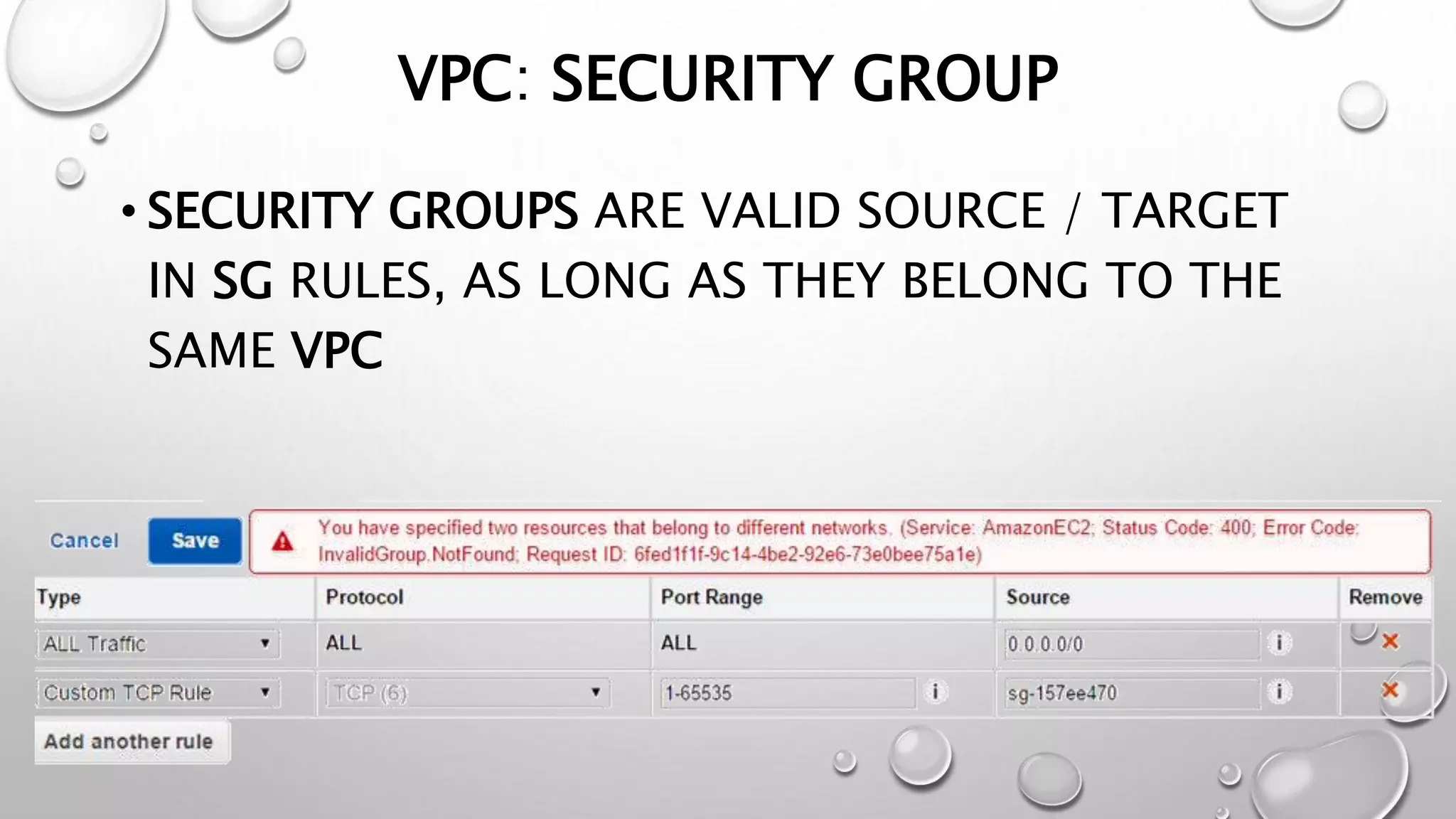 VPC: SECURITY GROUP 
• SECURITY GROUPS ARE VALID SOURCE / TARGET 
IN SG RULES, AS LONG AS THEY BELONG TO THE 
SAME VPC 
 