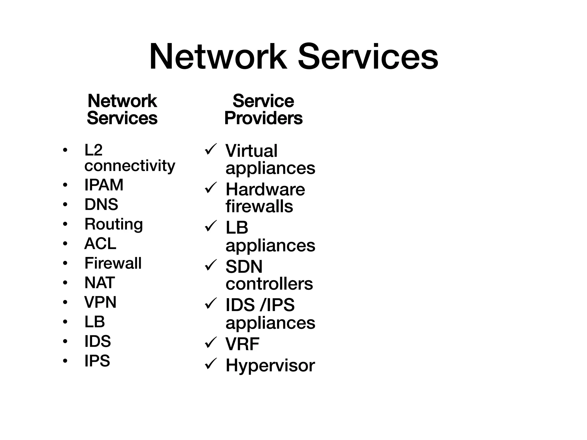Network Services!
    Network           Service
    Services!        Providers!
•  L2              ü  Virtual
   connectivity!       appliances!
•  IPAM!           ü  Hardware
•  DNS!                ﬁrewalls!
•  Routing!        ü  LB
•  ACL!                appliances!
•  Firewall!       ü  SDN
•  NAT!                controllers!
•  VPN!            ü  IDS /IPS
•  LB!                 appliances!
•  IDS!            ü  VRF!
•  IPS!            ü  Hypervisor!
!
 