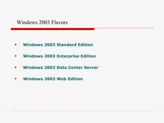 Windows 2003 Standard Edition Windows 2003 Enterprise Edition Windows 2003 Data Center Server Windows 2003 Web Edition Windows 2003 Flavors 