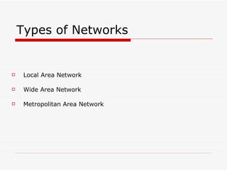 Types of Networks Local Area Network Wide Area Network Metropolitan Area Network 