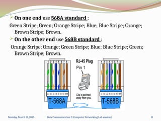 Making Crossover cable
 On one end use 568A standard :
Green Stripe; Green; Orange Stripe; Blue; Blue Stripe; Orange;
Brown Stripe; Brown.
 On the other end use 568B standard :
Orange Stripe; Orange; Green Stripe; Blue; Blue Stripe; Green;
Brown Stripe; Brown.
Monday, March 31, 2025 Data Communication & Computer Networking Lab session1 11
 