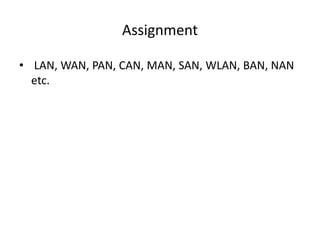 Assignment
• LAN, WAN, PAN, CAN, MAN, SAN, WLAN, BAN, NAN
etc.
 