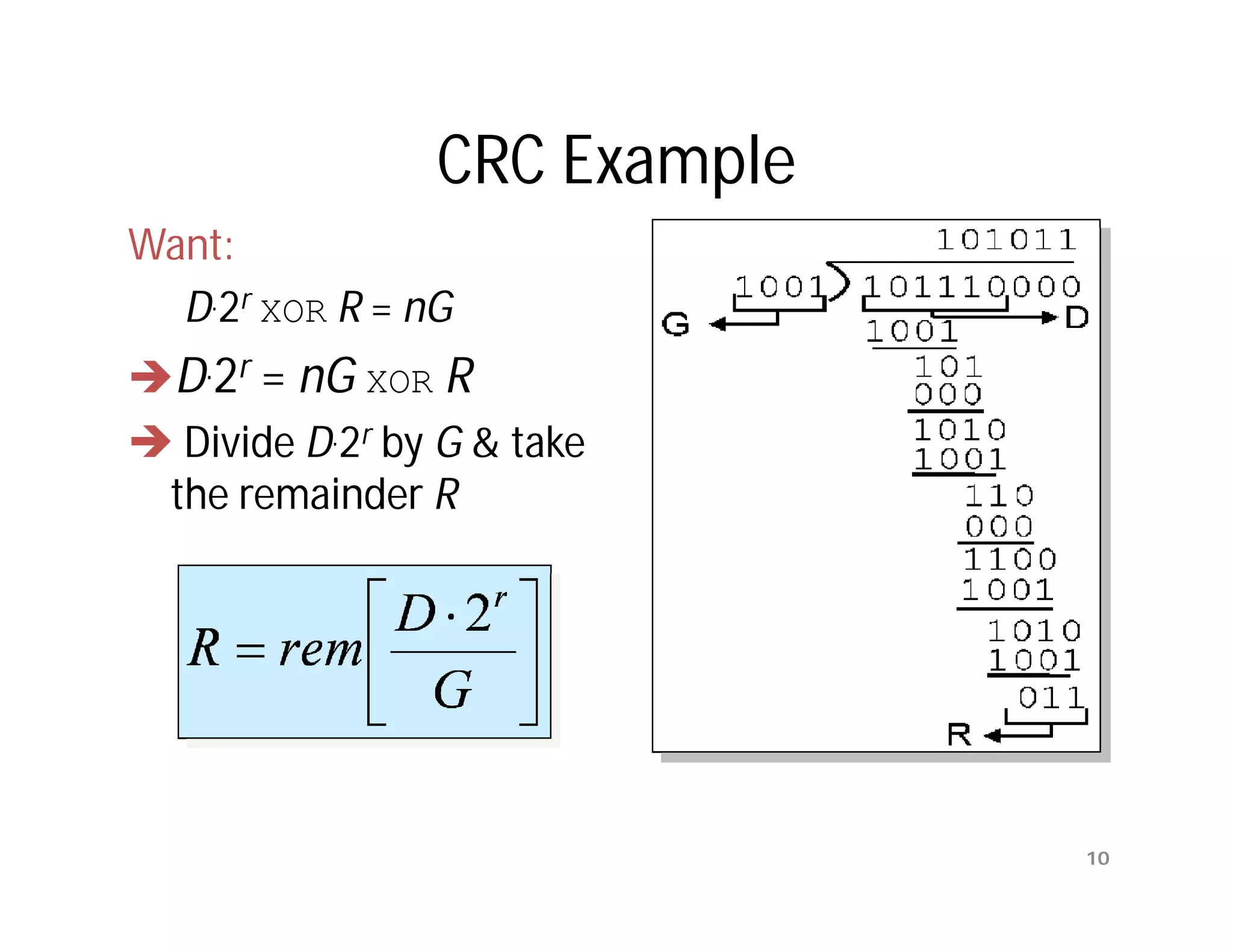 CRC Example
Want:
  D.2r XOR R = nG
D.2r = nG XOR R
 Divide D.2r by G & take
 the remainder R




                              10
 