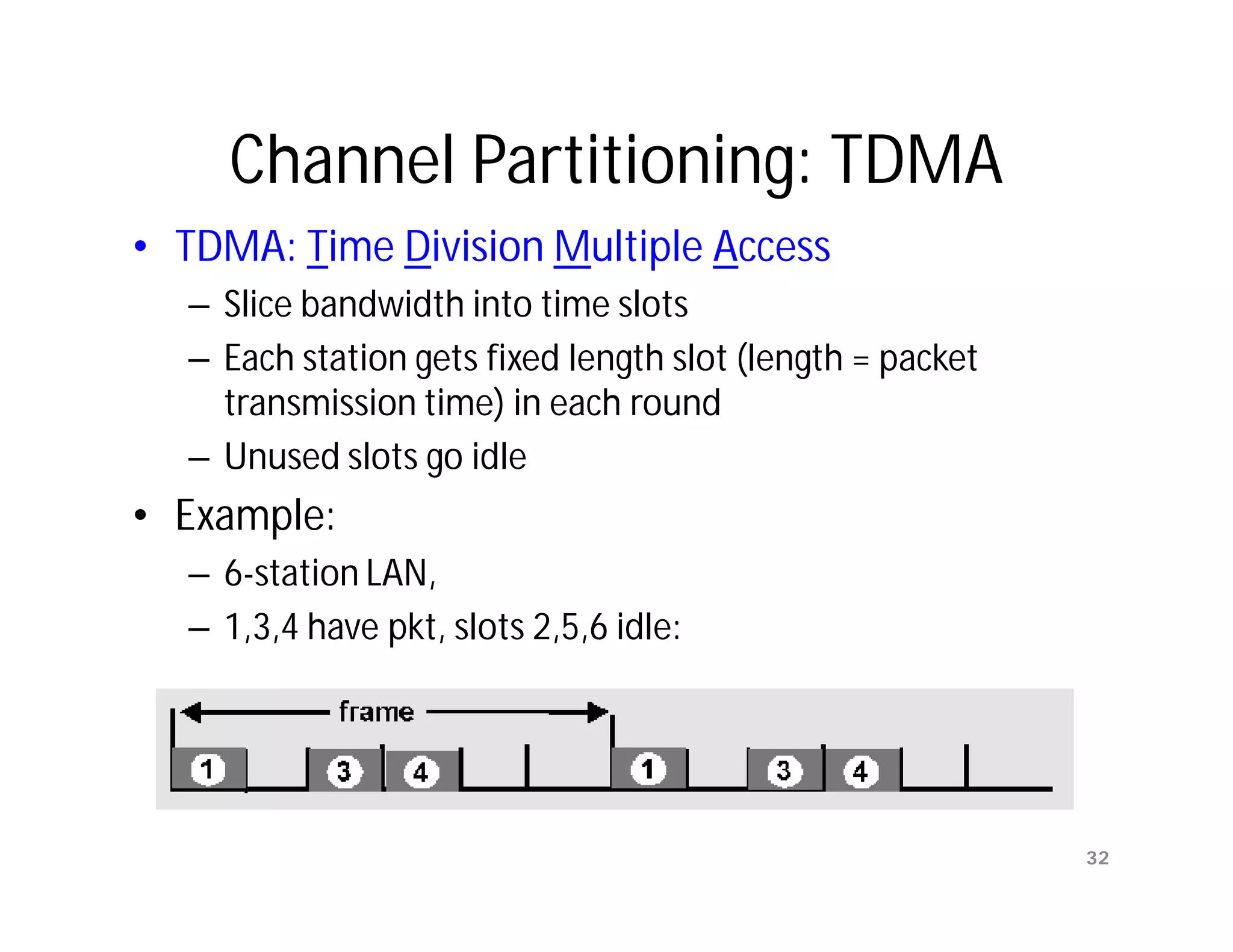 Channel Partitioning: TDMA
• TDMA: Time Division Multiple Access
  – Slice bandwidth into time slots
  – Each station gets fixed length slot (length = packet
    transmission time) in each round
  – Unused slots go idle
• Example:
  – 6-station LAN,
  – 1,3,4 have pkt, slots 2,5,6 idle:




                                                           32
 