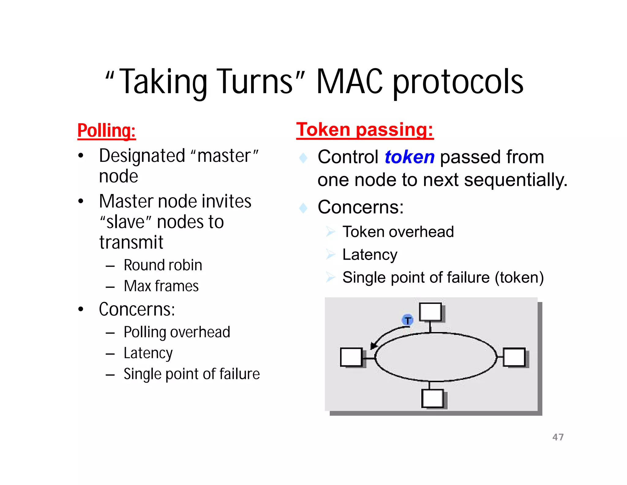 “Taking Turns” MAC protocols
Polling:                       Token passing:
• Designated “master”           Control token passed from
  node                           one node to next sequentially.
• Master node invites           Concerns:
  “slave” nodes to                 Token overhead
  transmit
                                   Latency
   – Round robin
                                   Single point of failure (token)
   – Max frames
• Concerns:
   – Polling overhead
   – Latency
   – Single point of failure


                                                                      47
 