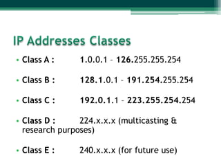 • Class A :

1.0.0.1 – 126.255.255.254

• Class B :

128.1.0.1 – 191.254.255.254

• Class C :

192.0.1.1 – 223.255.254.254

• Class D :
224.x.x.x (multicasting &
research purposes)
• Class E :

240.x.x.x (for future use)

 