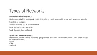 Types of Networks
Local Area Network (LAN):
Definition: A LAN is a network that is limited to a small geographic area, such as within a single
building or campus.
WLAN: Wireless Local Area Network
PAN: Personal Area Network
SAN: Storage Area Network
Wide Area Network (WAN):
Definition: A WAN covers a broader geographical area and connects multiple LANs, often across
cities or countries.
MAN
CAN
SDWAN
 