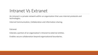 Intranet Vs Extranet
An intranet is a private network within an organization that uses internet protocols and
technologies.
Internal Communication, Collaboration and information sharing.
Extranet
Extends a portion of an organization's intranet to external entities.
Enables secure collaboration beyond organizational boundaries.
 