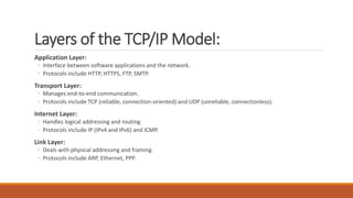 Layers of the TCP/IP Model:
Application Layer:
◦ Interface between software applications and the network.
◦ Protocols include HTTP, HTTPS, FTP, SMTP.
Transport Layer:
◦ Manages end-to-end communication.
◦ Protocols include TCP (reliable, connection-oriented) and UDP (unreliable, connectionless).
Internet Layer:
◦ Handles logical addressing and routing.
◦ Protocols include IP (IPv4 and IPv6) and ICMP.
Link Layer:
◦ Deals with physical addressing and framing.
◦ Protocols include ARP, Ethernet, PPP.
 