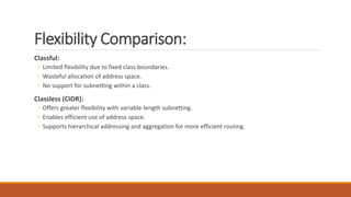 Flexibility Comparison:
Classful:
◦ Limited flexibility due to fixed class boundaries.
◦ Wasteful allocation of address space.
◦ No support for subnetting within a class.
Classless (CIDR):
◦ Offers greater flexibility with variable-length subnetting.
◦ Enables efficient use of address space.
◦ Supports hierarchical addressing and aggregation for more efficient routing.
 