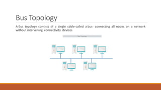 Bus Topology
A Bus topology consists of a single cable-called a bus- connecting all nodes on a network
without intervening connectivity devices
 