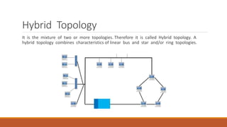 Hybrid Topology
It is the mixture of two or more topologies. Therefore it is called Hybrid topology. A
hybrid topology combines characteristics of linear bus and star and/or ring topologies.
 