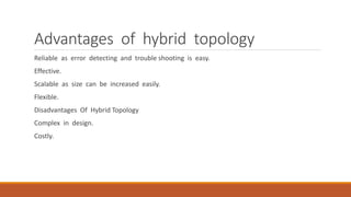 Advantages of hybrid topology
Reliable as error detecting and trouble shooting is easy.
Effective.
Scalable as size can be increased easily.
Flexible.
Disadvantages Of Hybrid Topology
Complex in design.
Costly.
 