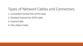 Types of Network Cables and Connectors
1. Unshielded Twisted Pair (UTP) Cable
2. Shielded Twisted Pair (STP) Cable
3. Coaxial Cable
4. Fibre Optics Cable
 