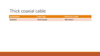 Thick coaxial cable
Specification Cable Type Maximum Length
10 Base5 Thick Coaxial 500 meters
 