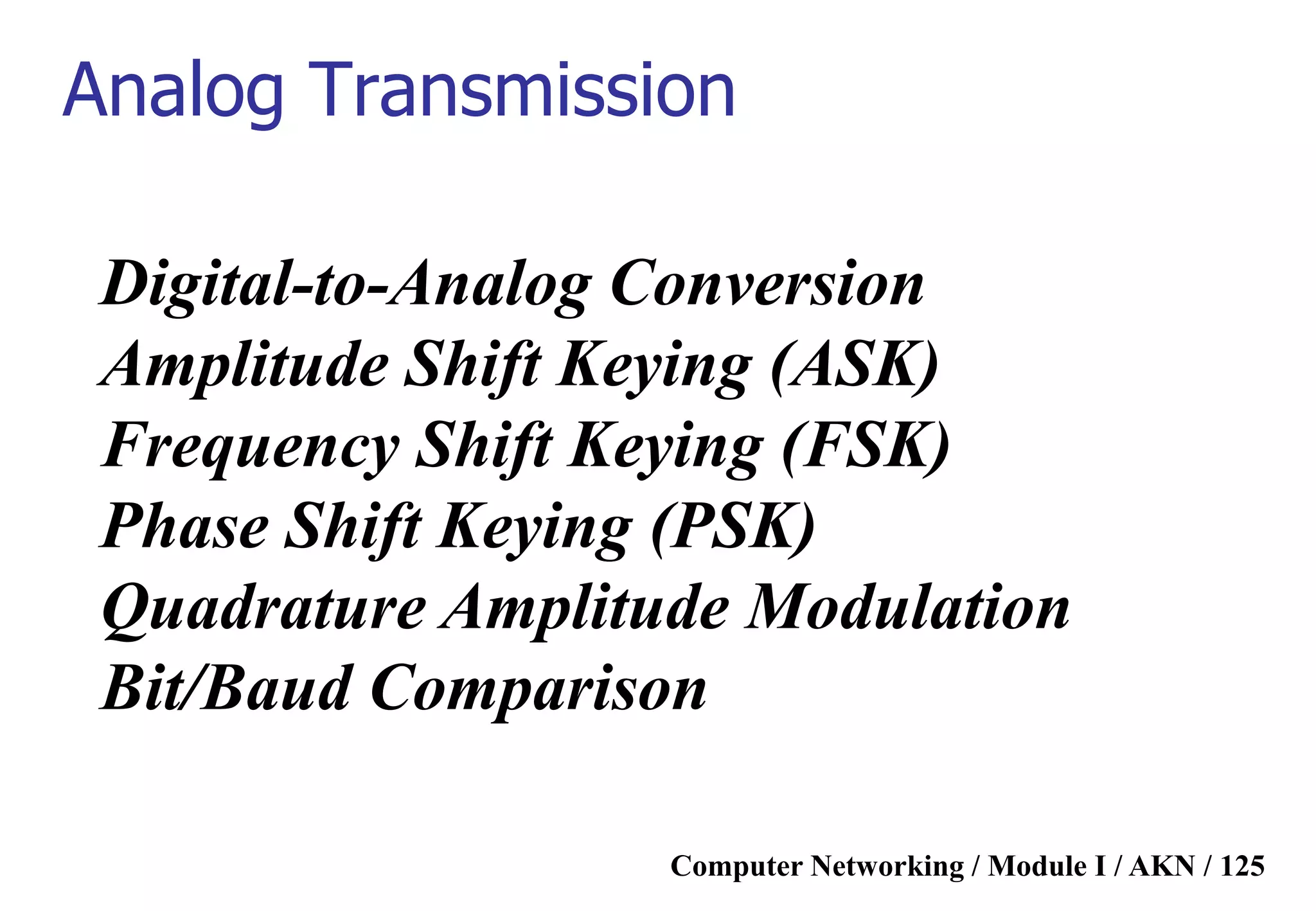 Computer Networking / Module I / AKN / 125
Modulation of Digital Data
Digital-to-Analog Conversion
Amplitude Shift Keying (ASK)
Frequency Shift Keying (FSK)
Phase Shift Keying (PSK)
Quadrature Amplitude Modulation
Bit/Baud Comparison
Analog Transmission
 