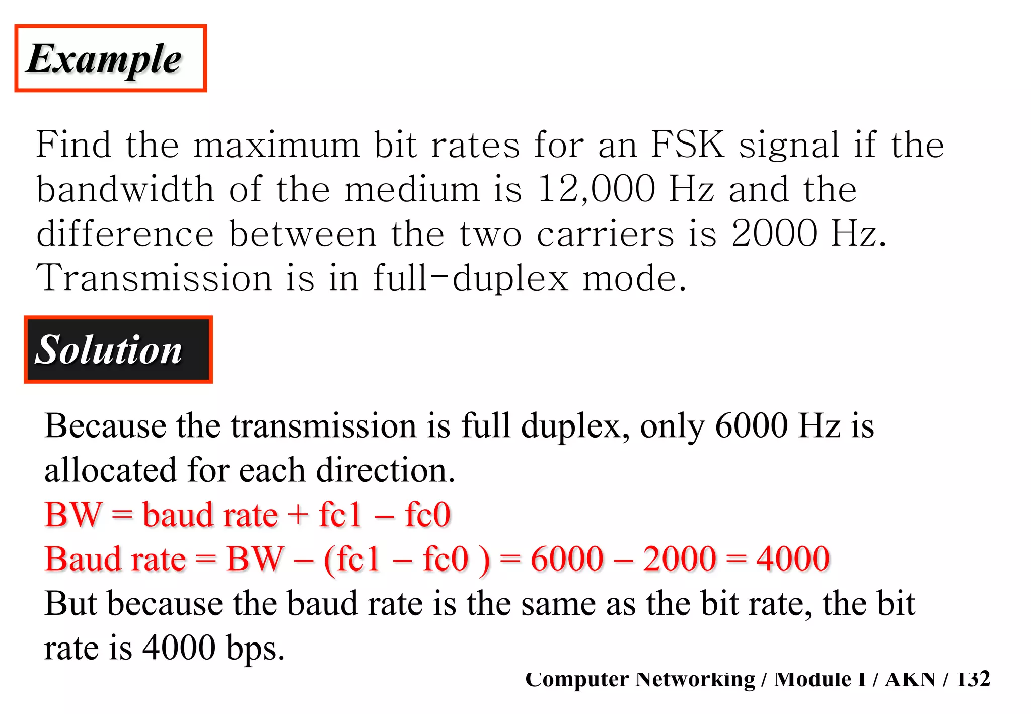 Computer Networking / Module I / AKN / 132
Example
Find the maximum bit rates for an FSK signal if the
bandwidth of the medium is 12,000 Hz and the
difference between the two carriers is 2000 Hz.
Transmission is in full-duplex mode.
Solution
Because the transmission is full duplex, only 6000 Hz is
allocated for each direction.
BW = baud rate + fc1 - fc0
Baud rate = BW - (fc1 - fc0 ) = 6000 - 2000 = 4000
But because the baud rate is the same as the bit rate, the bit
rate is 4000 bps.
 