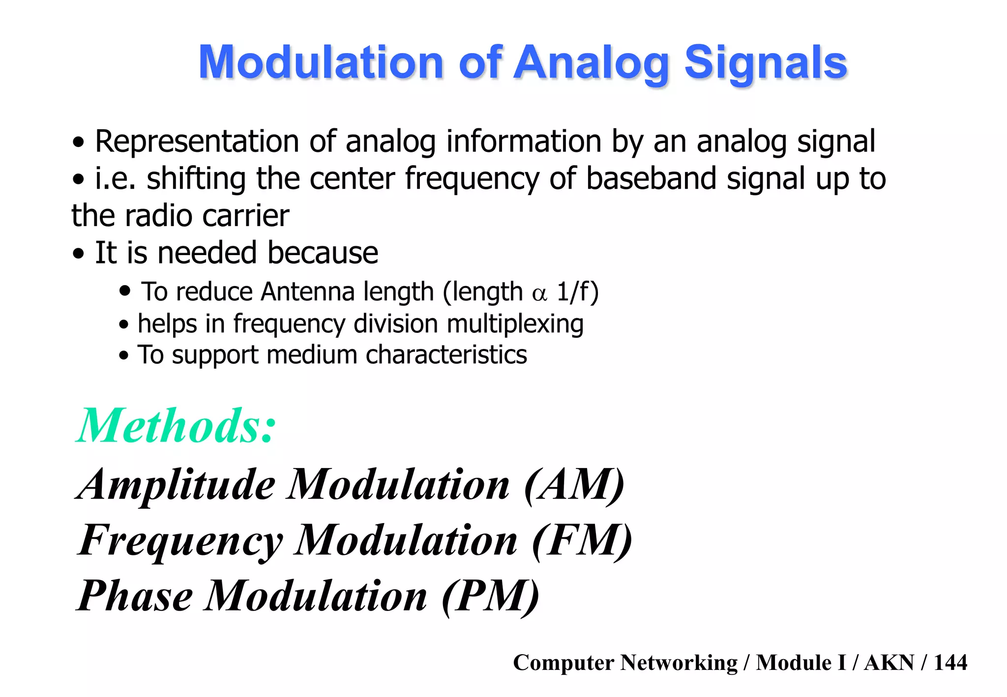 Computer Networking / Module I / AKN / 144
Modulation of Analog Signals
Methods:
Amplitude Modulation (AM)
Frequency Modulation (FM)
Phase Modulation (PM)
• Representation of analog information by an analog signal
• i.e. shifting the center frequency of baseband signal up to
the radio carrier
• It is needed because
• To reduce Antenna length (length  1/f)
• helps in frequency division multiplexing
• To support medium characteristics
 