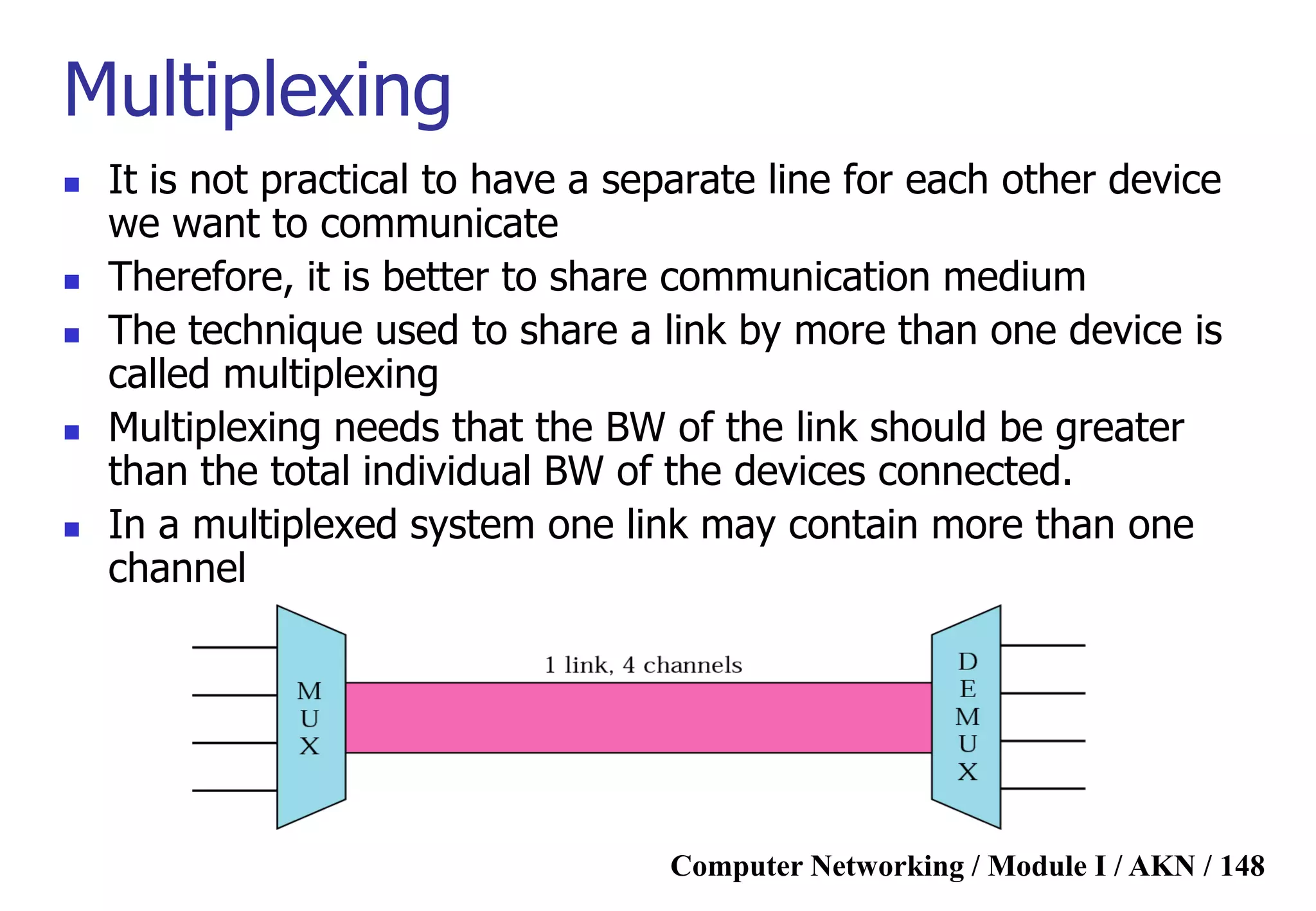 Computer Networking / Module I / AKN / 148
Multiplexing
 It is not practical to have a separate line for each other device
we want to communicate
 Therefore, it is better to share communication medium
 The technique used to share a link by more than one device is
called multiplexing
 Multiplexing needs that the BW of the link should be greater
than the total individual BW of the devices connected.
 In a multiplexed system one link may contain more than one
channel
 