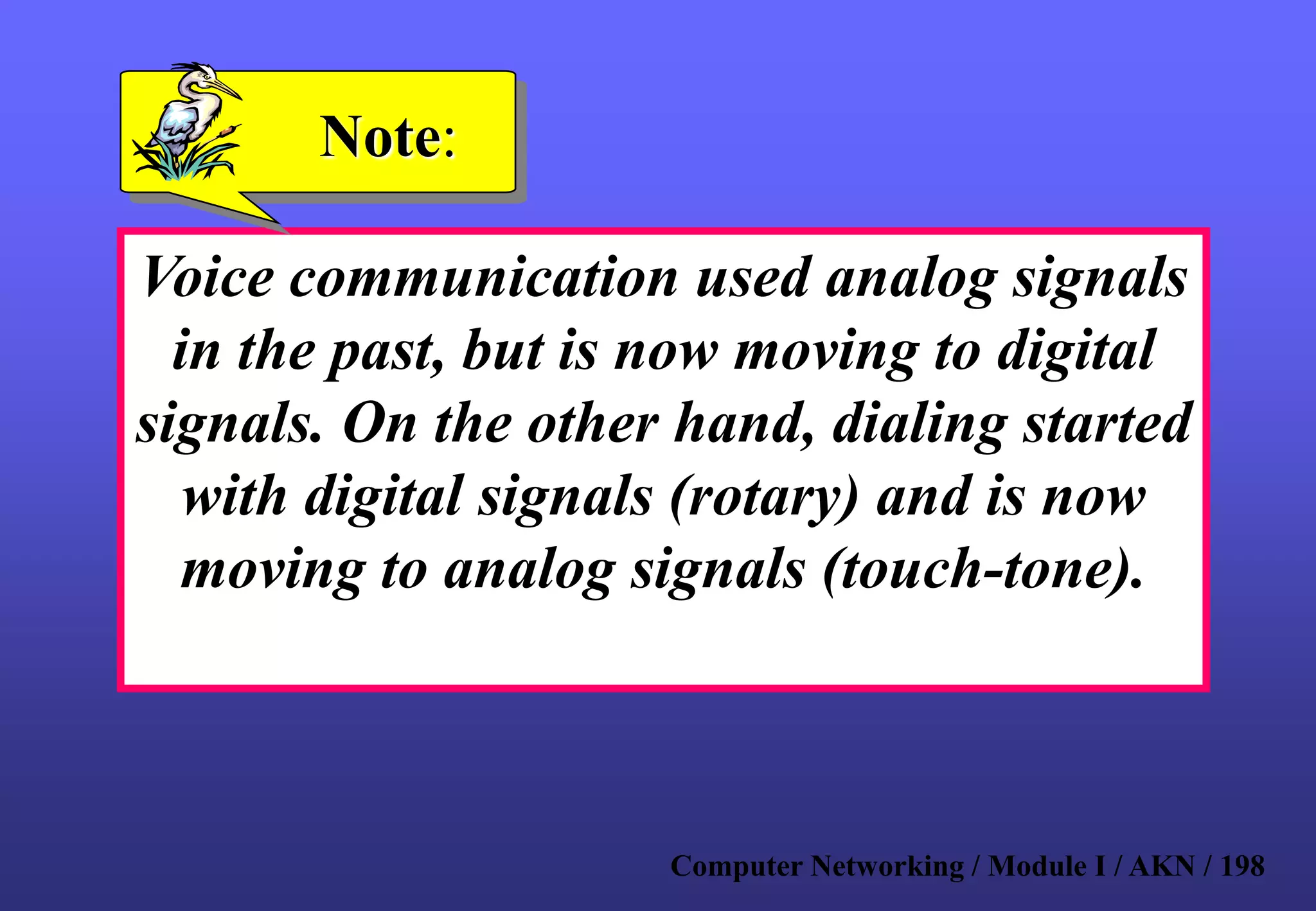 Computer Networking / Module I / AKN / 198
Voice communication used analog signals
in the past, but is now moving to digital
signals. On the other hand, dialing started
with digital signals (rotary) and is now
moving to analog signals (touch-tone).
Note:
 