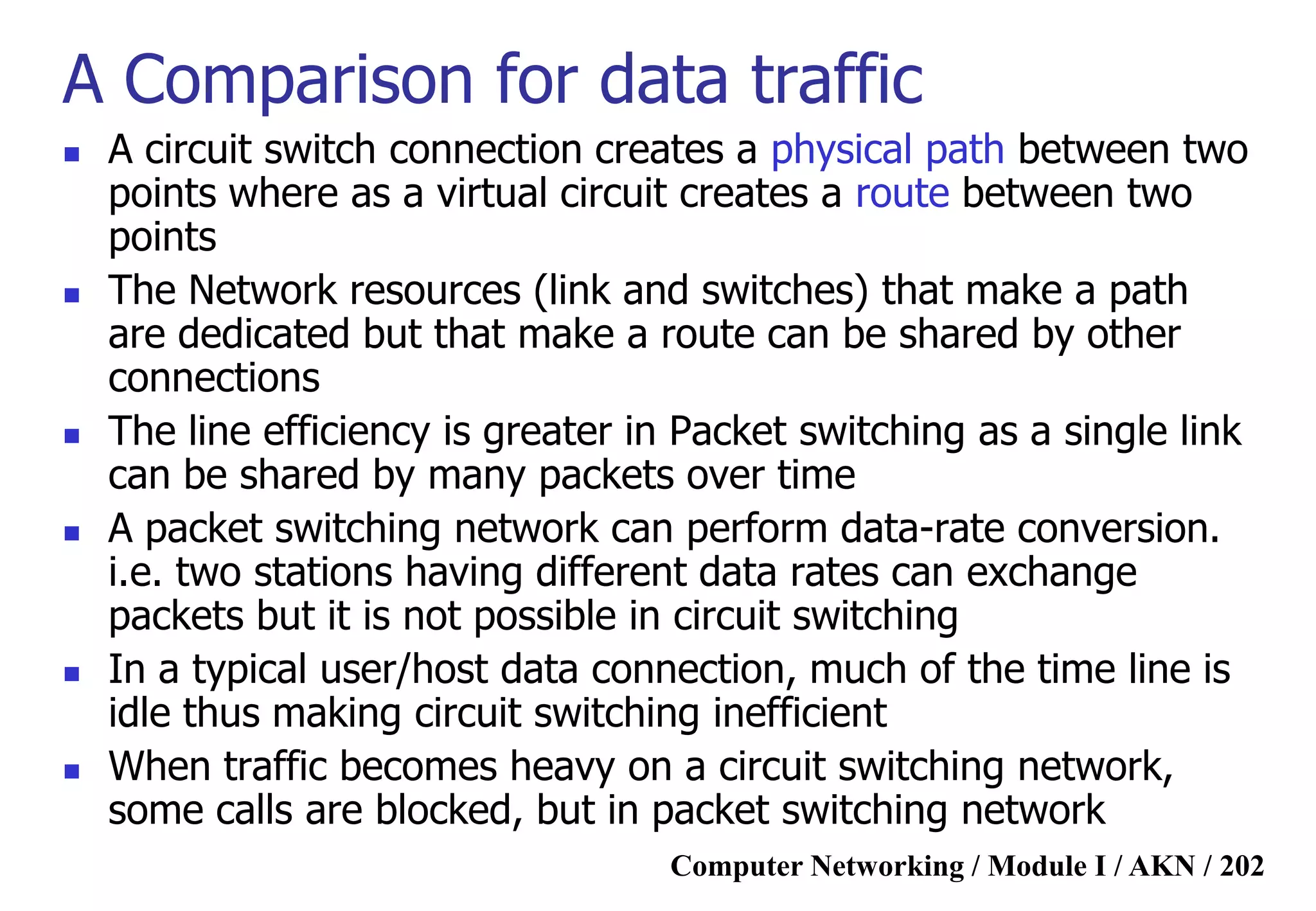 Computer Networking / Module I / AKN / 202
A Comparison for data traffic
 A circuit switch connection creates a physical path between two
points where as a virtual circuit creates a route between two
points
 The Network resources (link and switches) that make a path
are dedicated but that make a route can be shared by other
connections
 The line efficiency is greater in Packet switching as a single link
can be shared by many packets over time
 A packet switching network can perform data-rate conversion.
i.e. two stations having different data rates can exchange
packets but it is not possible in circuit switching
 In a typical user/host data connection, much of the time line is
idle thus making circuit switching inefficient
 When traffic becomes heavy on a circuit switching network,
some calls are blocked, but in packet switching network
 