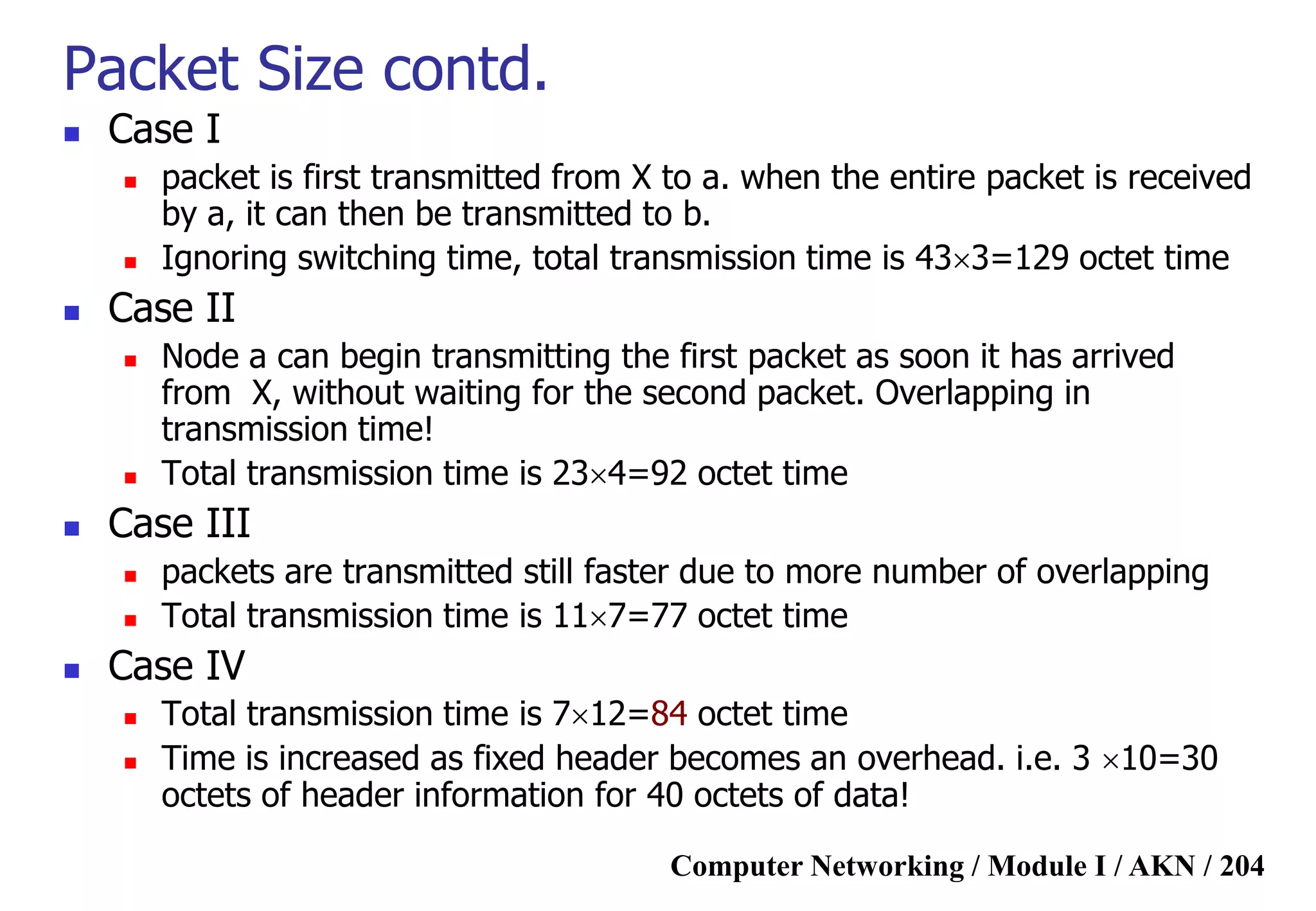 Computer Networking / Module I / AKN / 204
Packet Size contd.
 Case I
 packet is first transmitted from X to a. when the entire packet is received
by a, it can then be transmitted to b.
 Ignoring switching time, total transmission time is 433=129 octet time
 Case II
 Node a can begin transmitting the first packet as soon it has arrived
from X, without waiting for the second packet. Overlapping in
transmission time!
 Total transmission time is 234=92 octet time
 Case III
 packets are transmitted still faster due to more number of overlapping
 Total transmission time is 117=77 octet time
 Case IV
 Total transmission time is 712=84 octet time
 Time is increased as fixed header becomes an overhead. i.e. 3 10=30
octets of header information for 40 octets of data!
 