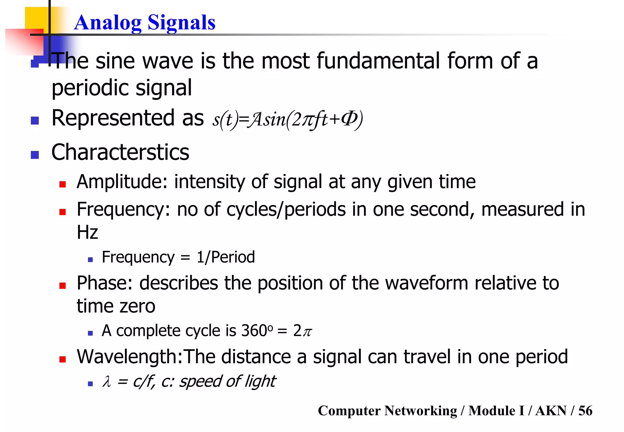 Computer Networking / Module I / AKN / 56
Analog Signals
 The sine wave is the most fundamental form of a
periodic signal
 Represented as s(t)=Asin(2ft+)
 Characterstics
 Amplitude: intensity of signal at any given time
 Frequency: no of cycles/periods in one second, measured in
Hz
 Frequency = 1/Period
 Phase: describes the position of the waveform relative to
time zero
 A complete cycle is 360o = 2
 Wavelength:The distance a signal can travel in one period
  = c/f, c: speed of light
 
