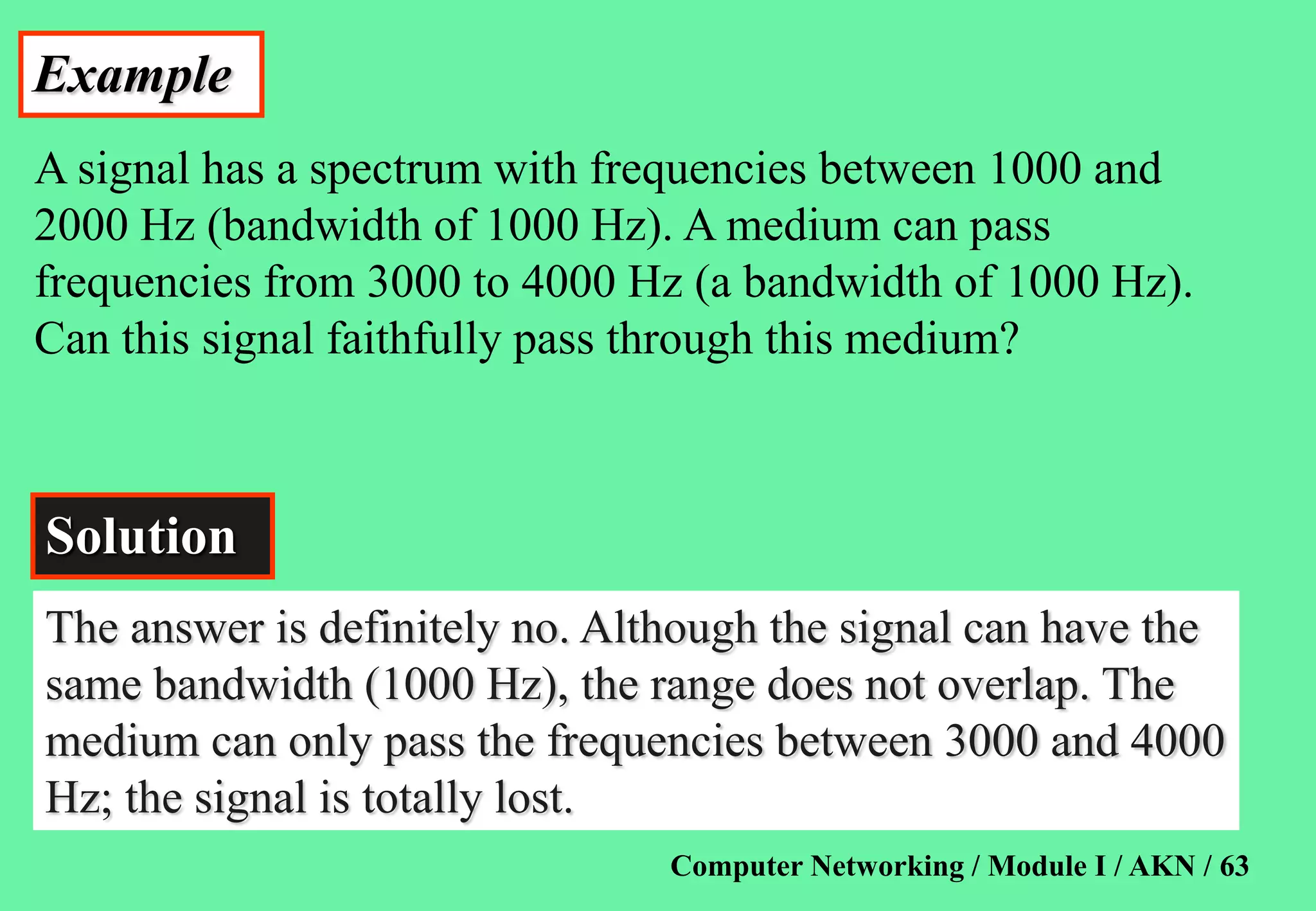 Computer Networking / Module I / AKN / 63
Example
A signal has a spectrum with frequencies between 1000 and
2000 Hz (bandwidth of 1000 Hz). A medium can pass
frequencies from 3000 to 4000 Hz (a bandwidth of 1000 Hz).
Can this signal faithfully pass through this medium?
Solution
The answer is definitely no. Although the signal can have the
same bandwidth (1000 Hz), the range does not overlap. The
medium can only pass the frequencies between 3000 and 4000
Hz; the signal is totally lost.
 