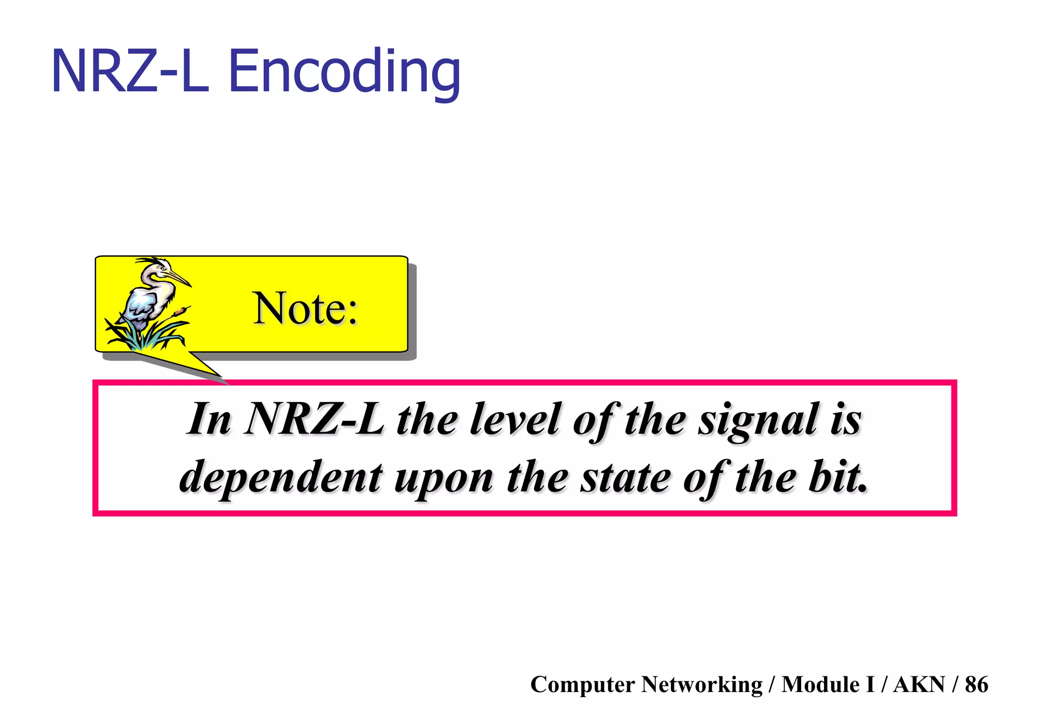 Computer Networking / Module I / AKN / 86
In NRZ-L the level of the signal is
dependent upon the state of the bit.
Note:
NRZ-L Encoding
 