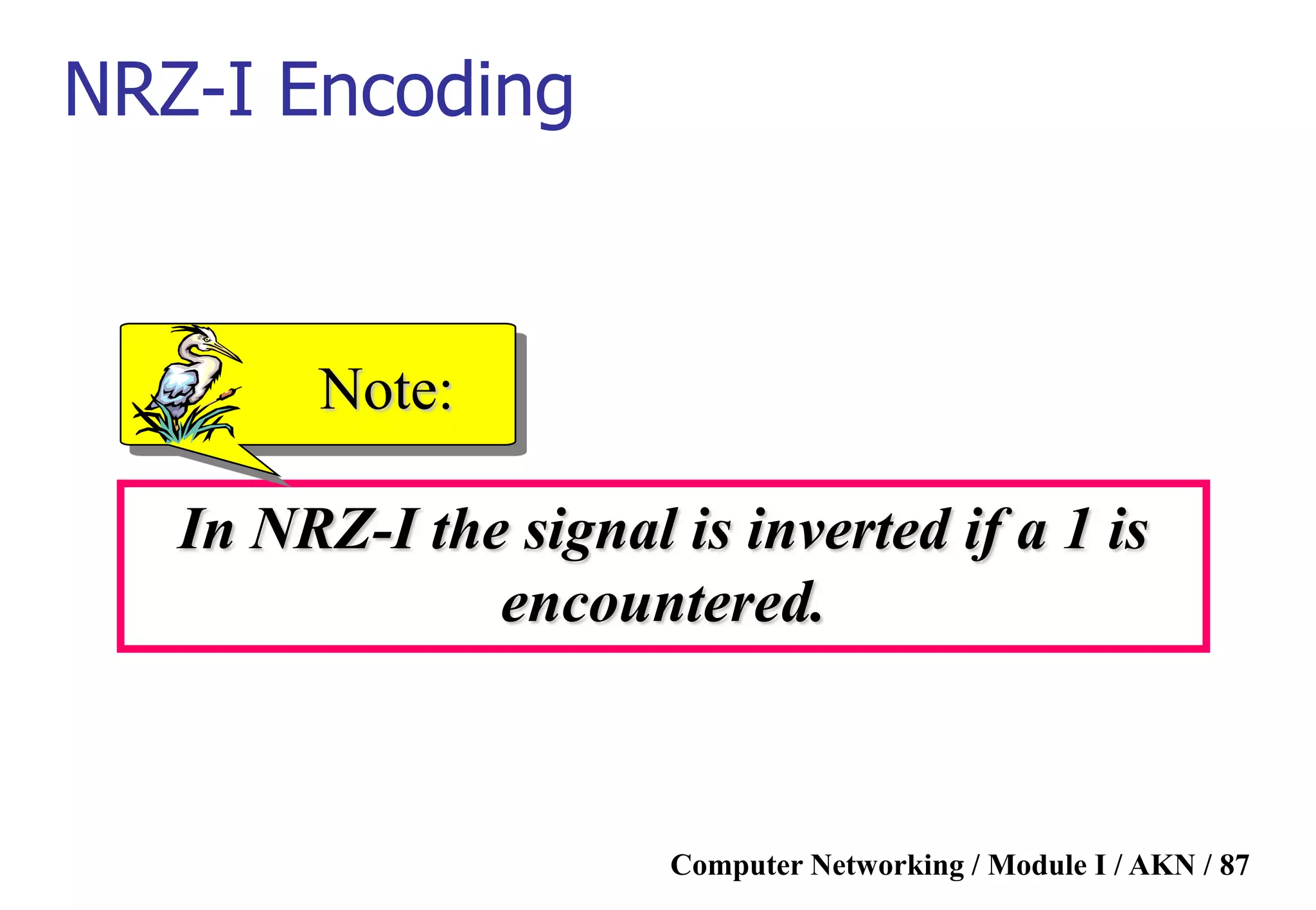 Computer Networking / Module I / AKN / 87
In NRZ-I the signal is inverted if a 1 is
encountered.
Note:
NRZ-I Encoding
 