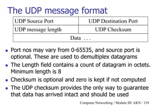 Computer Networking / Module III/ AKN / 119
The UDP message format
 Port nos may vary from 0-65535, and source port is
optional. These are used to demultiplex datagrams
 The Length field contains a count of datagram in octets.
Minimum length is 8
 Checksum is optional and zero is kept if not computed
 The UDP checksum provides the only way to guarantee
that data has arrived intact and should be used
UDP Source Port
Data . . .
UDP Destination Port
UDP message length UDP Checksum
 