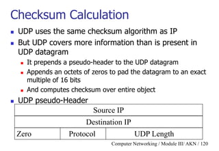 Computer Networking / Module III/ AKN / 120
Checksum Calculation
 UDP uses the same checksum algorithm as IP
 But UDP covers more information than is present in
UDP datagram
 It prepends a pseudo-header to the UDP datagram
 Appends an octets of zeros to pad the datagram to an exact
multiple of 16 bits
 And computes checksum over entire object
 UDP pseudo-Header
Source IP
Destination IP
Zero Protocol UDP Length
 