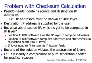 Computer Networking / Module III/ AKN / 124
Problem with Checksum Calculation
 Pseudo-header contains source and destination IP
addresses
i.e. IP addresses must be known at UDP layer
 Destination IP address is supplied by the user.
 But what about source IP, which is yet to be computed in
IP layer?
 Solution 1: UDP software asks the IP layer to compute addresses
 Solution 2: UDP software computes addresses and after checksum
calculation sends it to IP layer.
 IP layer need to fill remaining IP header fields
 But any of the solution violates the abstraction of layers
 i.e. It is clearly a compromise of pure separation needed
for practical reasons
 