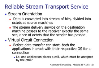 Computer Networking / Module III/ AKN / 129
Reliable Stream Transport Service
 Stream Orientation
 Data is converted into stream of bits, divided into
octets at source machines
 The stream delivery service on the destination
machine passes to the receiver exactly the same
sequence of octets that the sender has passed.
 Virtual Circuit Connection
 Before data transfer can start, both the
applications interact with their respective OS for a
connection
 i.e. one application places a call, which must be accepted
by the other
 