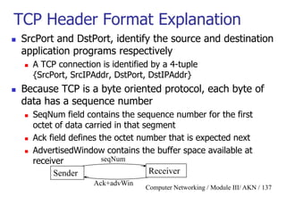 Computer Networking / Module III/ AKN / 137
TCP Header Format Explanation
 SrcPort and DstPort, identify the source and destination
application programs respectively
 A TCP connection is identified by a 4-tuple
{SrcPort, SrcIPAddr, DstPort, DstIPAddr}
 Because TCP is a byte oriented protocol, each byte of
data has a sequence number
 SeqNum field contains the sequence number for the first
octet of data carried in that segment
 Ack field defines the octet number that is expected next
 AdvertisedWindow contains the buffer space available at
receiver
Sender Receiver
seqNum
Ack+advWin
 