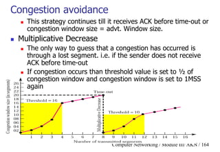 Computer Networking / Module III/ AKN / 164
Congestion avoidance
 This strategy continues till it receives ACK before time-out or
congestion window size = advt. Window size.
 Multiplicative Decrease
 The only way to guess that a congestion has occurred is
through a lost segment. i.e. if the sender does not receive
ACK before time-out
 If congestion occurs than threshold value is set to ½ of
congestion window and congestion window is set to 1MSS
again
 