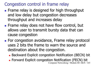 Computer Networking / Module III/ AKN / 165
Congestion control in frame relay
 Frame relay is designed for high throughput
and low delay but congestion decreases
throughput and increases delay
 Frame relay does not have flow control, but
allows user to transmit bursty data that can
cause congestion
 For congestion avoidance, Frame relay protocol
uses 2 bits the frame to warn the source and
destination about the congestion.
 Backward Explicit congestion Notification (BECN) bit
 Forward Explicit congestion Notification (FECN) bit
 