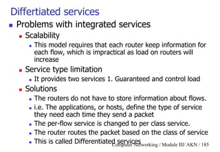 Computer Networking / Module III/ AKN / 185
Differtiated services
 Problems with integrated services
 Scalability
 This model requires that each router keep information for
each flow, which is impractical as load on routers will
increase
 Service type limitation
 It provides two services 1. Guaranteed and control load
 Solutions
 The routers do not have to store information about flows.
 i.e. The applications, or hosts, define the type of service
they need each time they send a packet
 The per-flow service is changed to per class service.
 The router routes the packet based on the class of service
 This is called Differentiated services
 
