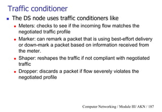Computer Networking / Module III/ AKN / 187
Traffic conditioner
 The DS node uses traffic conditioners like
 Meters: checks to see if the incoming flow matches the
negotiated traffic profile
 Marker: can remark a packet that is using best-effort delivery
or down-mark a packet based on information received from
the meter.
 Shaper: reshapes the traffic if not compliant with negotiated
traffic
 Dropper: discards a packet if flow severely violates the
negotiated profile
 