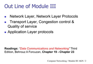 Computer Networking / Module III/ AKN / 2
Out Line of Module III
 Network Layer, Network Layer Protocols
 Transport Layer, Congestion control &
Quality of service
 Application Layer protocols
Readings: “Data Communications and Networking” Third
Edition, Behrouz A Forcuzan, Chapter 19 - Chapter 23
 