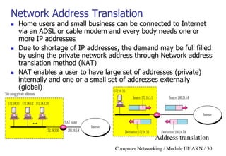 Computer Networking / Module III/ AKN / 30
Network Address Translation
 Home users and small business can be connected to Internet
via an ADSL or cable modem and every body needs one or
more IP addresses
 Due to shortage of IP addresses, the demand may be full filled
by using the private network address through Network address
translation method (NAT)
 NAT enables a user to have large set of addresses (private)
internally and one or a small set of addresses externally
(global)
Address translation
 