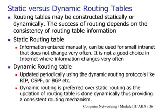 Computer Networking / Module III/ AKN / 36
Static versus Dynamic Routing Tables
 Routing tables may be constructed statically or
dynamically. The success of routing depends on the
consistency of routing table information
 Static Routing table
 Information entered manually, can be used for small intranet
that does not change very often. It is not a good choice in
Internet where information changes very often
 Dynamic Routing table
 Updated periodically using the dynamic routing protocols like
RIP, OSPF, or BGP etc.
 Dynamic routing is preferred over static routing as the
updation of routing table is done dynamically thus providing
a consistent routing mechanism.
 