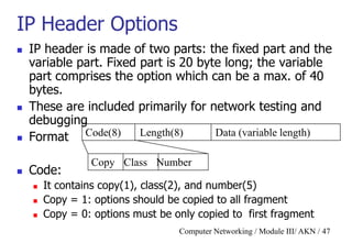Computer Networking / Module III/ AKN / 47
IP Header Options
 IP header is made of two parts: the fixed part and the
variable part. Fixed part is 20 byte long; the variable
part comprises the option which can be a max. of 40
bytes.
 These are included primarily for network testing and
debugging
 Format
 Code:
 It contains copy(1), class(2), and number(5)
 Copy = 1: options should be copied to all fragment
 Copy = 0: options must be only copied to first fragment
Code(8) Length(8) Data (variable length)
Copy Class Number
 