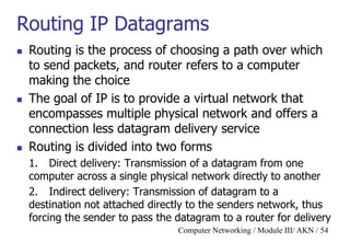 Computer Networking / Module III/ AKN / 54
Routing IP Datagrams
 Routing is the process of choosing a path over which
to send packets, and router refers to a computer
making the choice
 The goal of IP is to provide a virtual network that
encompasses multiple physical network and offers a
connection less datagram delivery service
 Routing is divided into two forms
1. Direct delivery: Transmission of a datagram from one
computer across a single physical network directly to another
2. Indirect delivery: Transmission of datagram to a
destination not attached directly to the senders network, thus
forcing the sender to pass the datagram to a router for delivery
 