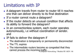 Computer Networking / Module III/ AKN / 66
Limitations with IP
 A datagram travels from router to router till it reaches
one that can deliver directly to its final destination
 If a router cannot route a datagram?
 If the router detects an unusual condition that affects
its ability to forward the datagram?
 In an connectionless system, each router operates
autonomously, i.e without coordination of sender.
and
 IP fails to deliver the datagram if
 The destination is temporarily or permanently disconnected
 The TTL expires
 The intermediate routers become so congested that they
cannot process the incoming traffic
 