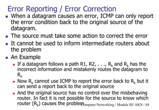 Computer Networking / Module III/ AKN / 68
Error Reporting / Error Correction
 When a datagram causes an error, ICMP can only report
the error condition back to the original source of the
datagram.
 The source must take some action to correct the error
 It cannot be used to inform intermediate routers about
the problem
 An Example
 If a datagram follows a path R1, R2, . . ., Rk and Rk has the
incorrect information and mistakenly routes the datagram to
Re
 Now Re cannot use ICMP to report the error back to Rk but it
can send a report back to the original source
 And the original source has no control over the misbehaving
router. In fact it is not possible for the source to know which
router (Rk) causes the problem
 